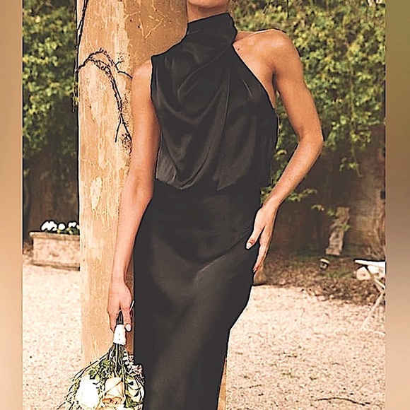 BTFBM Black Satin, Maxi Cocktail Dress, high-neck, Size:M, NWT w. extra button - Picture 6 of 10